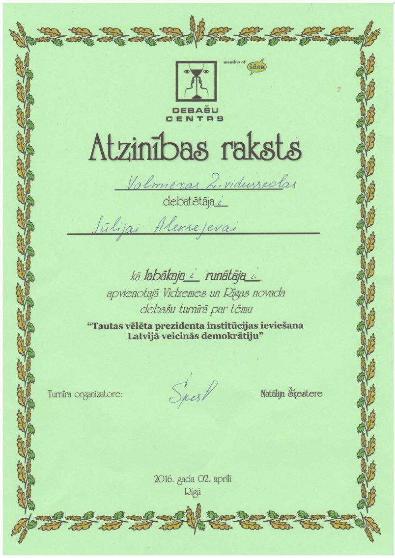 Debašu turnīra labākā runātāja