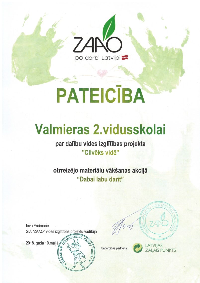 ZAAO pateicības raksts Valmieras 2. vidusskolai