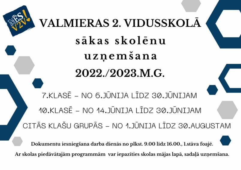 Skolēnu uzņemšana Valmieras 2.vidusskolā